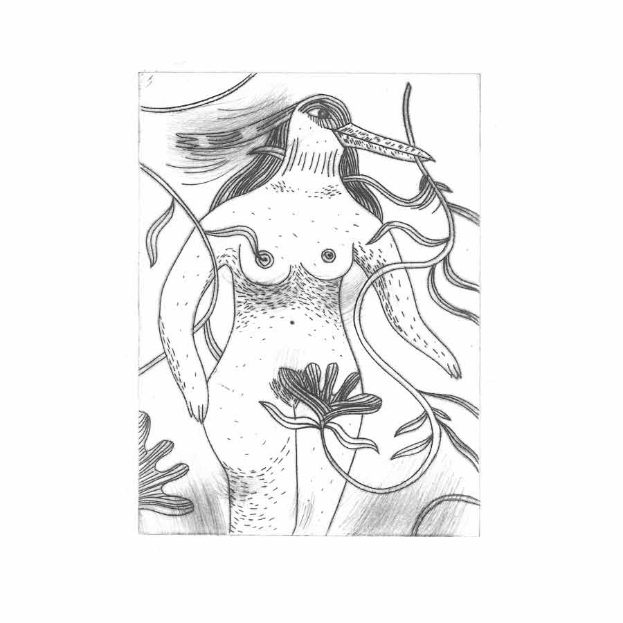 corps de femme nu avec une tête d'oiseau et une fleur dans son bec